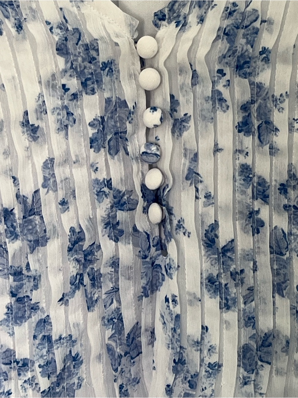 CeCe White and Blue Floral Pintuck V-Neck Blouse - Picture 3 of 8